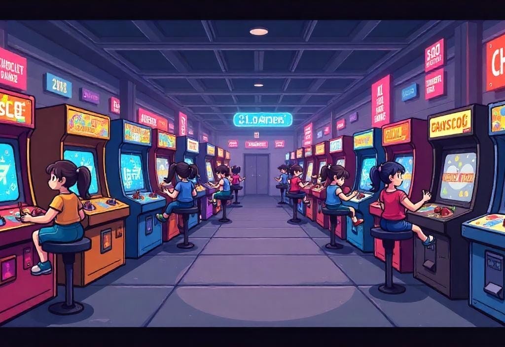 The Key to Creating Truly Great Games -- People playing retro arcade games in a dimly lit arcade hall with neon signs create great games on a row of vintage gaming machines.