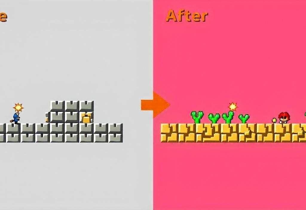 The Key to Creating Truly Great Games -- Split image with "Before" showing a simple gray brick platform, and "After" showcasing the magic of creating games—a vibrant pink background with enhanced platform details, greenery, and an added character.