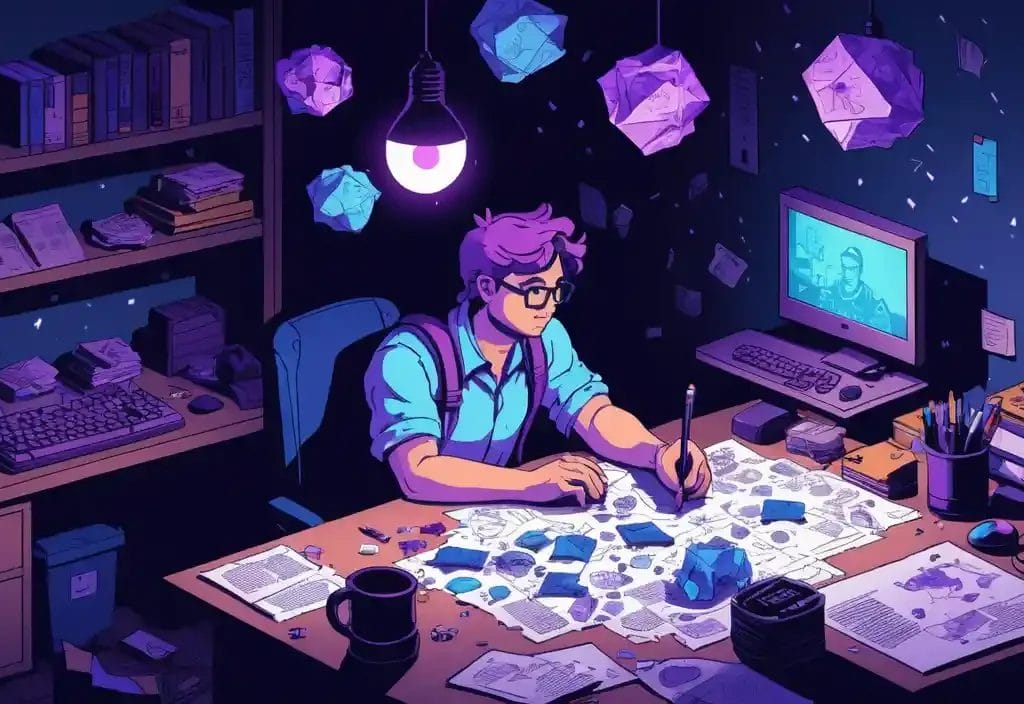 A person with glasses writes at a cluttered desk, papers scattered under a hanging bulb. On the computer screen, a video call unfolds discussions on the Game Development Lifecycle. Geometric shapes hover mysteriously around the room, capturing the creative chaos.