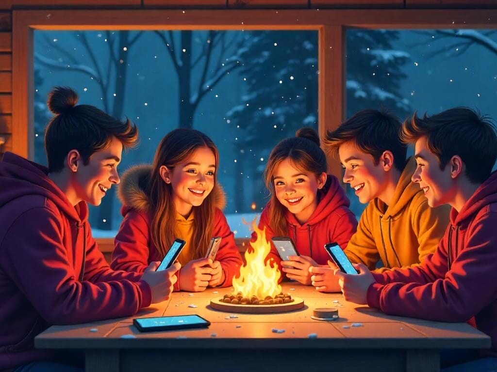 Essential Social Media Strategies for Indie Game Devs and Gamers Five people in red hoodies gather around a table with a small fire, discussing social media strategies for indie game devs. They’re in a cozy cabin, using their smartphones as the snowfall creates a serene backdrop outside the window.
