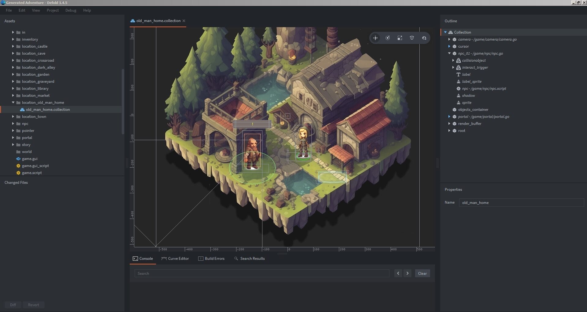 A screenshot of an isometric game scene in Defold Game Engine showcases buildings, trees, and characters on a floating land section. Lua-scripted UI elements elegantly frame the vibrant 2D game development environment.