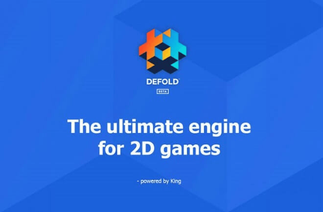 Defold logo with a tagline "The ultimate engine for 2D games - powered by King" on a blue geometric background, highlighting its superior capabilities in 2D game development with the Lua scripting language.