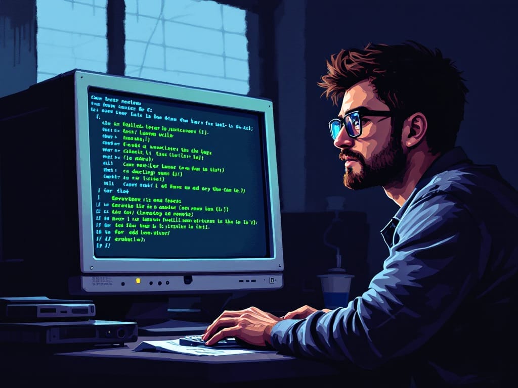 Pitfalls in Game Development In a dimly lit room, a man wearing glasses sits in front of a retro computer displaying code on the screen, seemingly navigating the pitfalls in game development with every keystroke.