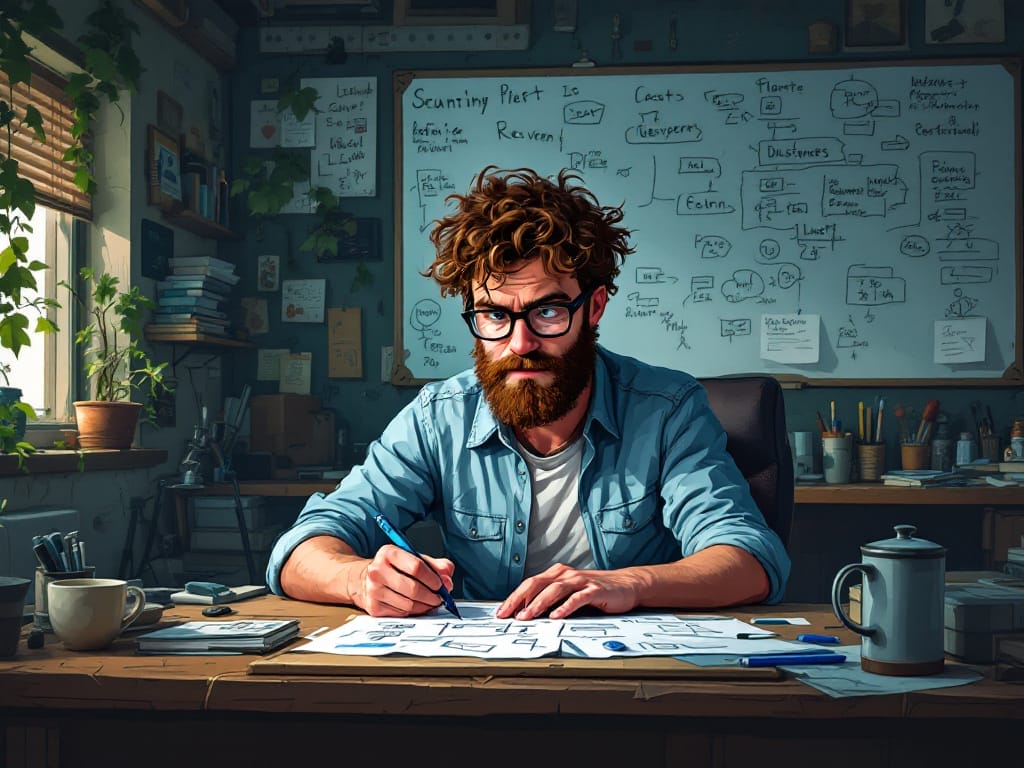 Pitfalls in Game Development Amidst a tangle of curly hair and the glint of glasses, a dedicated individual labors over diagrams at a cluttered desk. Surrounded by plants and sketches, they navigate the pitfalls in game development, with a whiteboard bursting with detailed notes and illustrations as their guide.