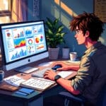 In a sunlit room, a person intently works on a computer displaying colorful charts and graphs, analyzing pitfalls in game development. A plant and notebook rest on the desk, adding a touch of nature to this productive space.