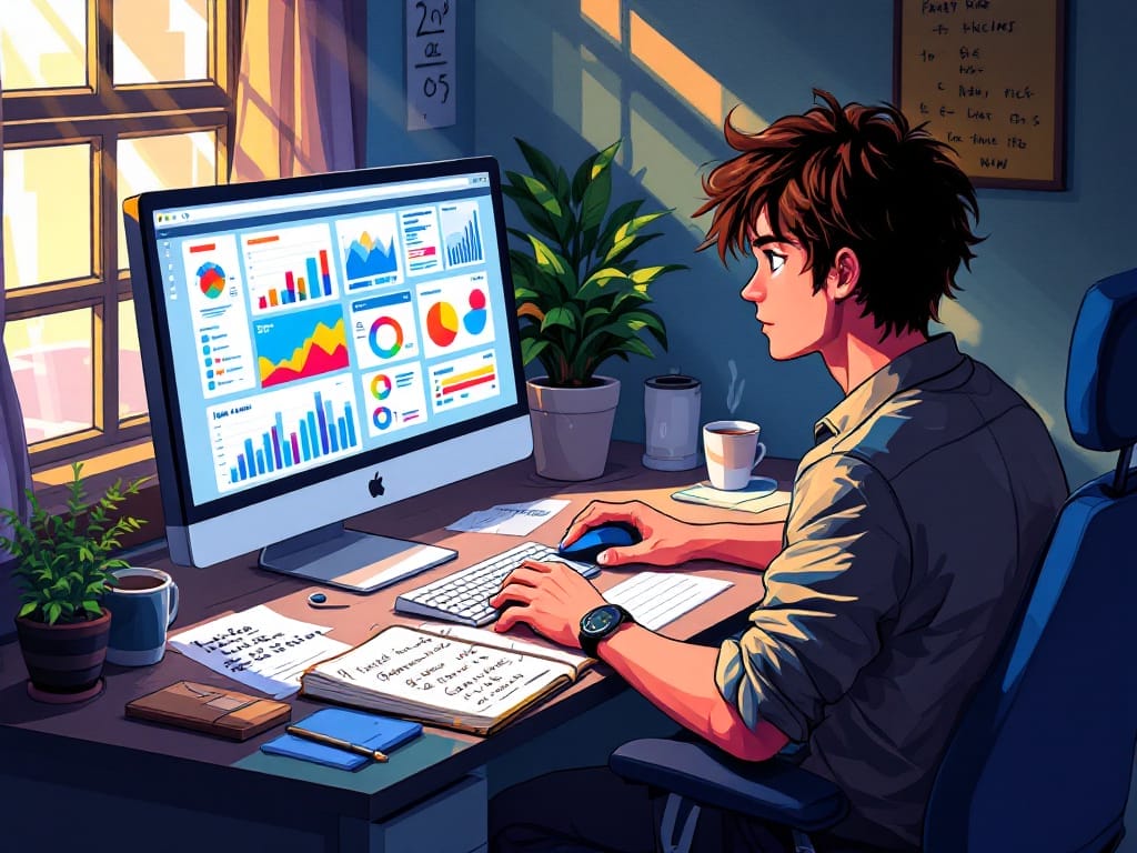 In a sunlit room, a person intently works on a computer displaying colorful charts and graphs, analyzing pitfalls in game development. A plant and notebook rest on the desk, adding a touch of nature to this productive space.