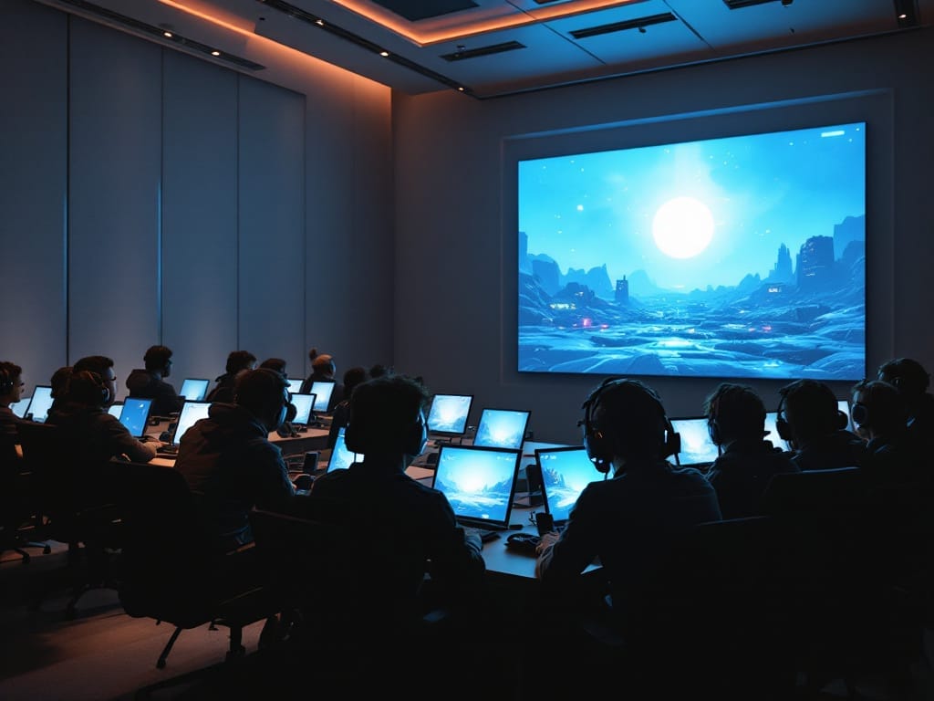 Mistake #4: Not enough beta testing before launch. Game developers: don't make these top 4 mistakes—people sit at desks with computers and headsets in a dimly lit room, watching a large screen display a dazzling digital landscape with a bright sun.