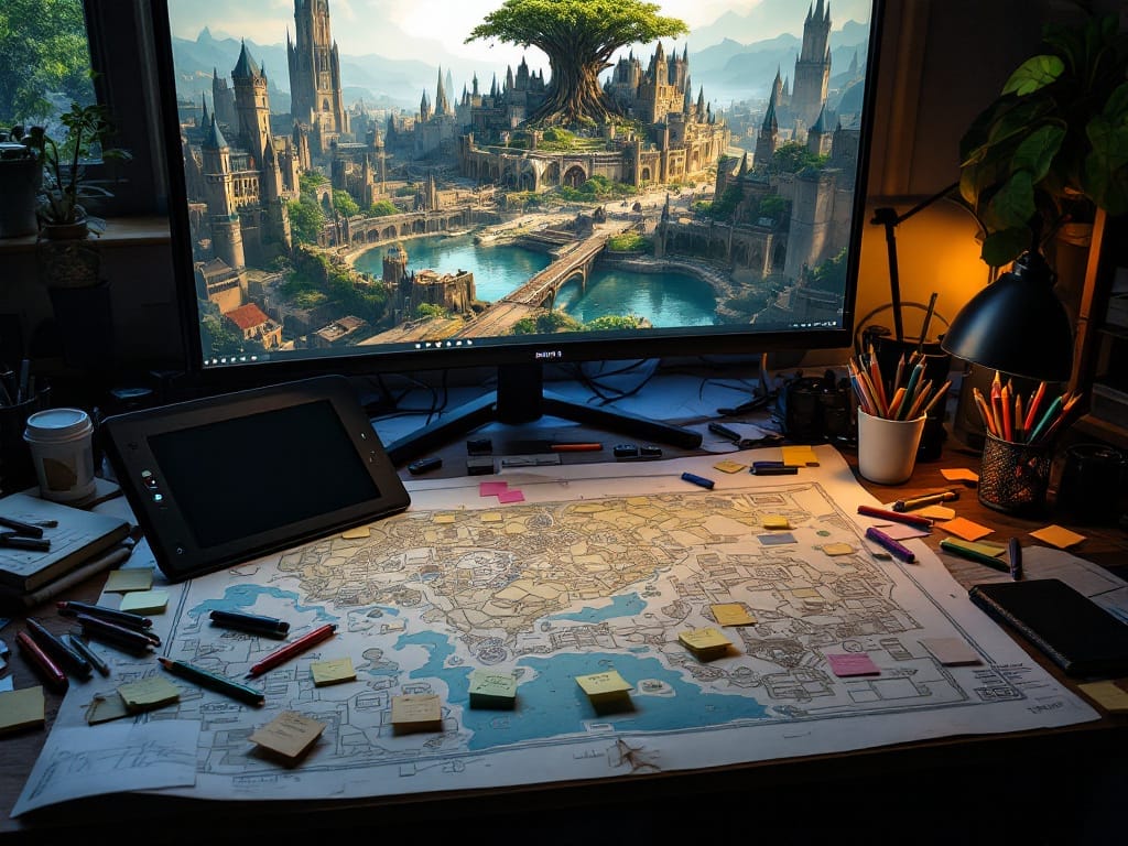 How To Design A Videogame in 2025A desk with a fantasy map covered in sticky notes and drawing tools hints at How To Design A Videogame; a large monitor displays a detailed digital fantasy cityscape.