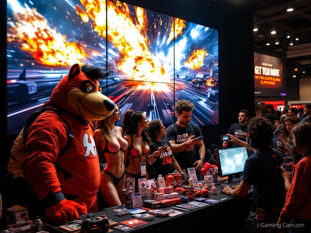 Mistake #3: Relying too much on marketing stunts instead of quality gameplay. - People gather at a convention booth with a large explosive racing game display, promotional items on the table, and a mascot in a red bear costume—reminding game developers: don't make these top 4 mistakes when showcasing your next big hit.