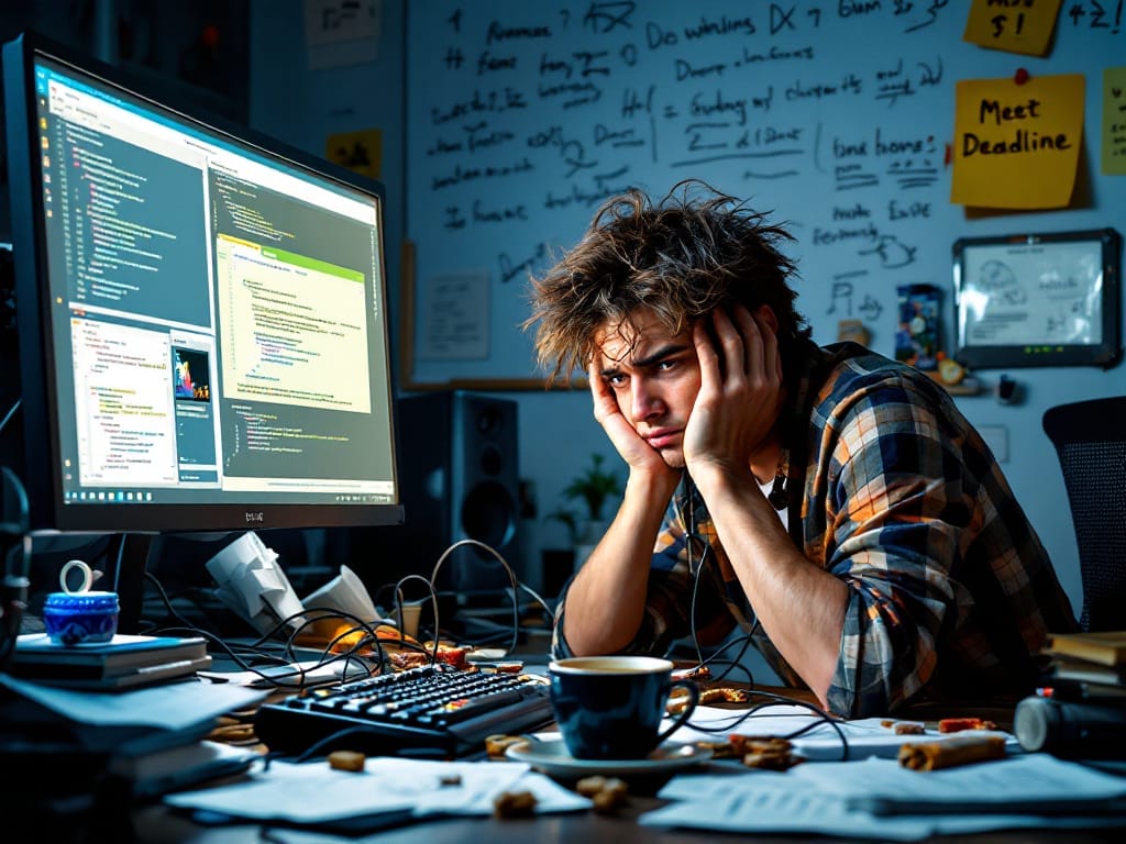 Mistake #1:Trying to do too much themselves. A person with disheveled hair sits at a cluttered desk, looking stressed while staring at computer screens displaying code and notes—Game developers: don't make these top 4 mistakes shown on the wall.