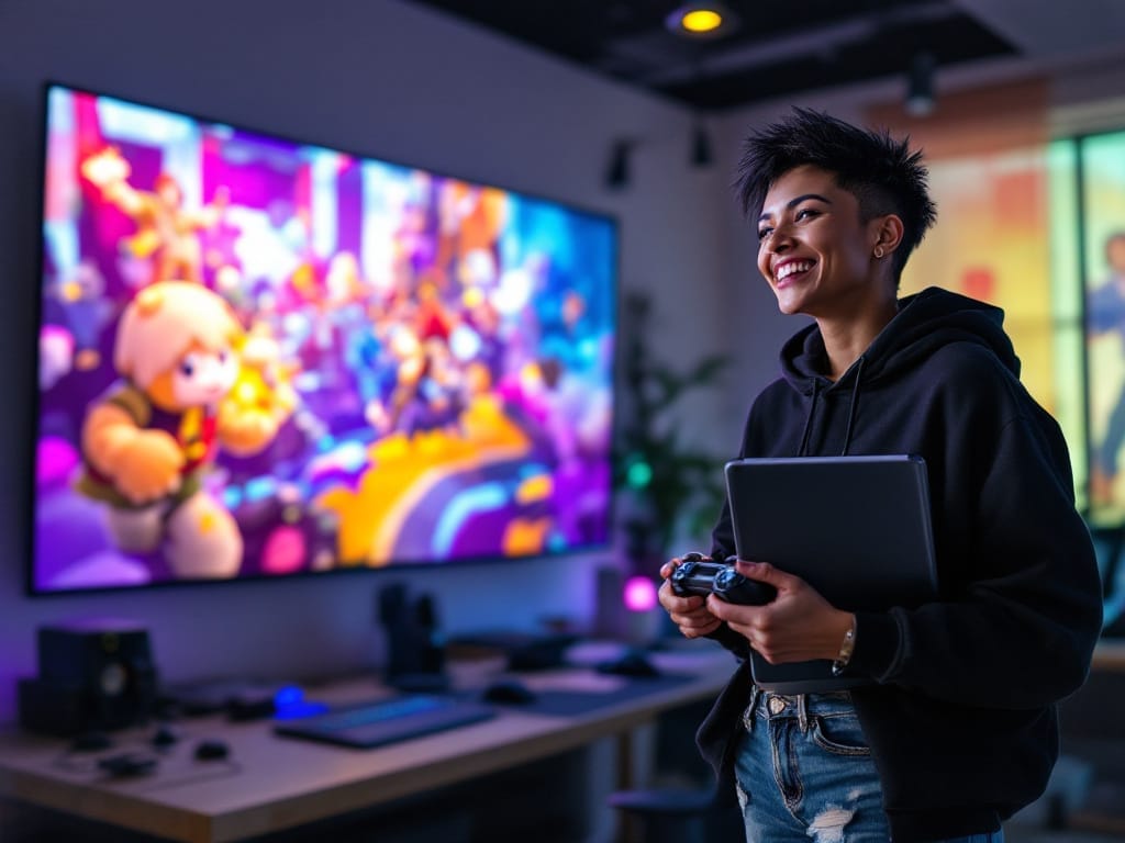 Person smiling while holding a tablet and game controller, standing in front of a large screen displaying a colorful animated video game, possibly exploring How To Design A Videogame.