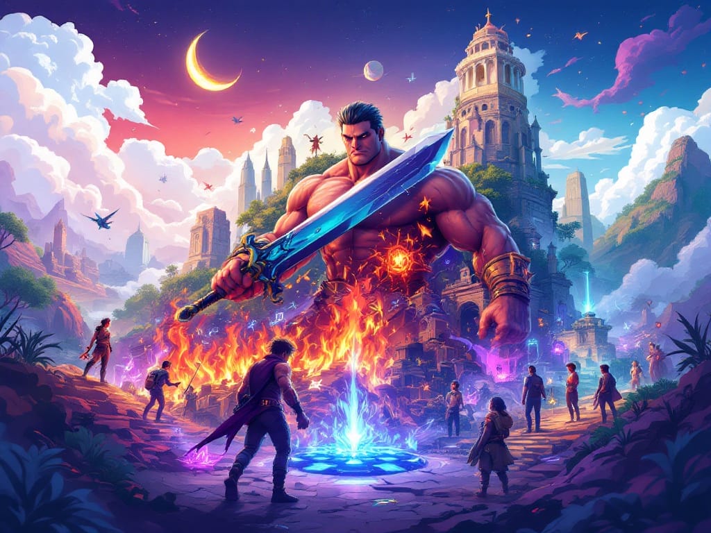 How To Design A Videogame in 2025 A giant armored warrior with a glowing sword stands amid flames and ruins, surrounded by smaller figures and a fantasy castle—a scene straight from How To Design A Videogame, set in a vibrant, mystical landscape.