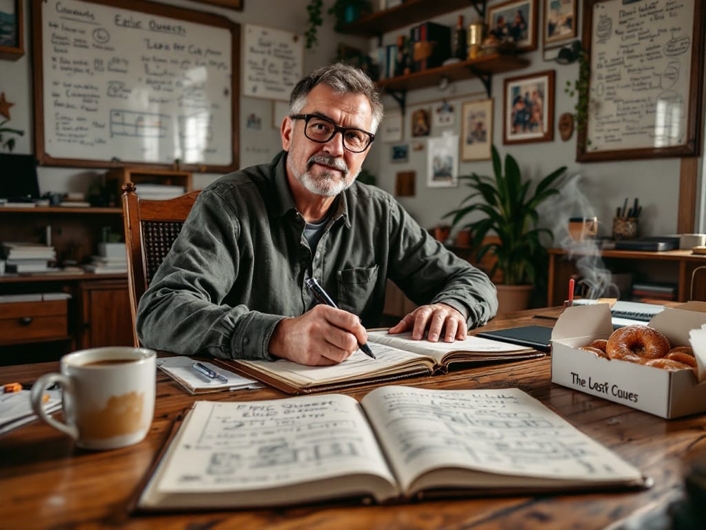 How To Design A Videogame in 2025 A man with glasses sits at a desk writing in a notebook, surrounded by open books on How To Design A Videogame, a coffee mug, and a box of donuts. Whiteboards with notes and photos cover the wall behind him.