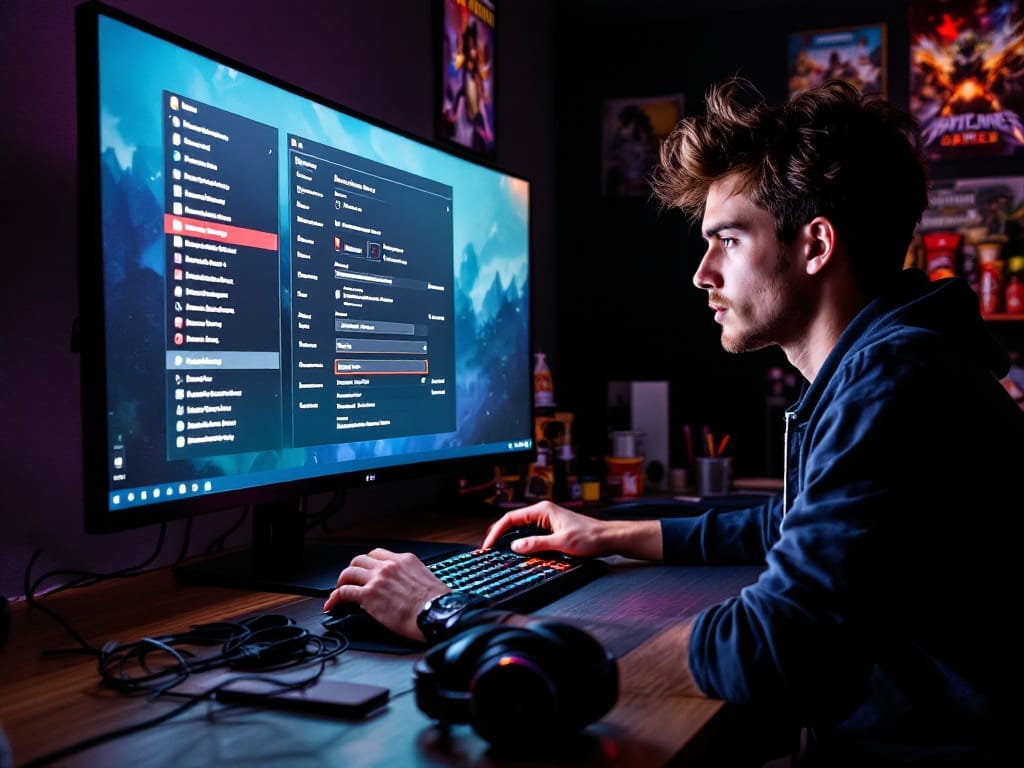 How To Design A Videogame in 2025A person sits at a desk using a computer with a large monitor, adjusting settings in a software window; gaming accessories and posters are visible in the background, suggesting they're learning How To Design A Videogame.