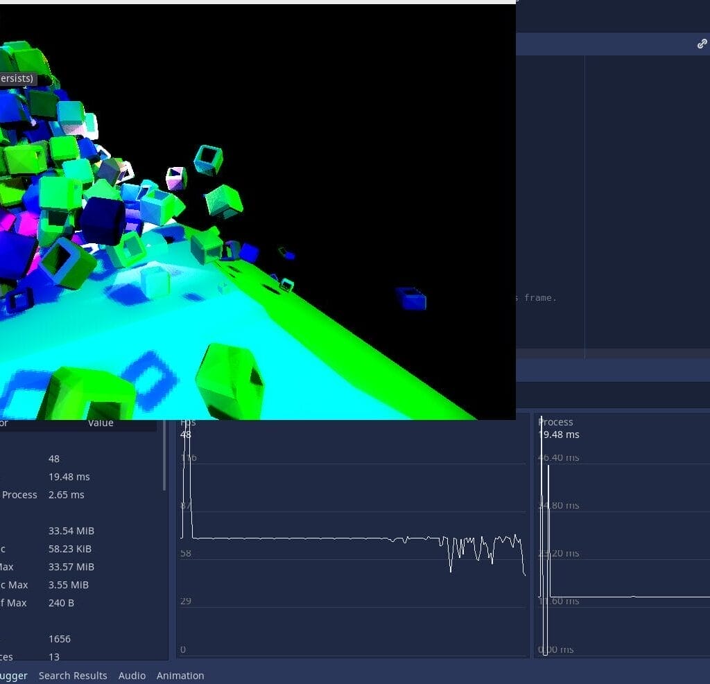 3D animation of colorful cubes scattered over a blue-green surface, crafted with Godot. Code snippets, stats, and graphs are displayed on a dark blue interface surrounding the animation window, revealing optimization secrets.