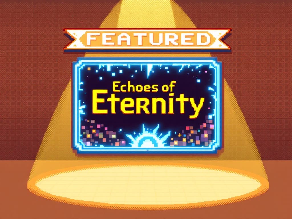A pixel art sign reads "Getting Featured" above a glowing display that says "Echoes of Eternity," lit by a spotlight on a brown background.