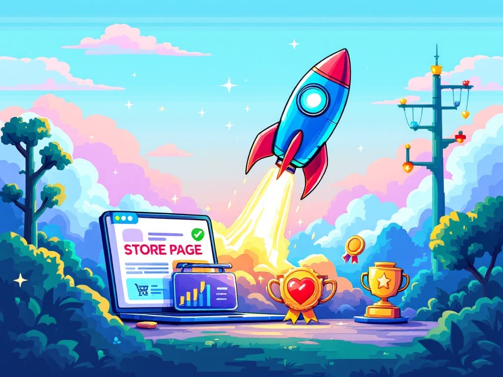 A colorful retro 8 bit pixelart style illustration of a rocket launching, representing quick success, with surrounding icons of a store page, wishlists, event participation, and social media engagement.