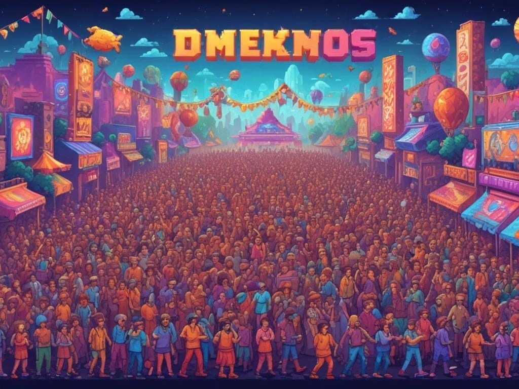  A colorful retro 8 bit pixelart style illustration of a festival banner with a crowd of people, and surrounding icons of game demos, press and streamer attraction, and front-page featuring.
