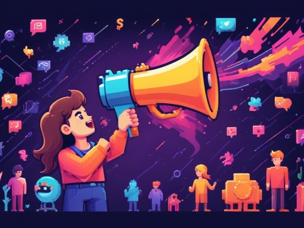 A colorful retro 8 bit pixelart style illustration of a person with a bullhorn, with sound waves spreading out, and surrounding icons of social media posts, influencer outreach, and community engagement.
