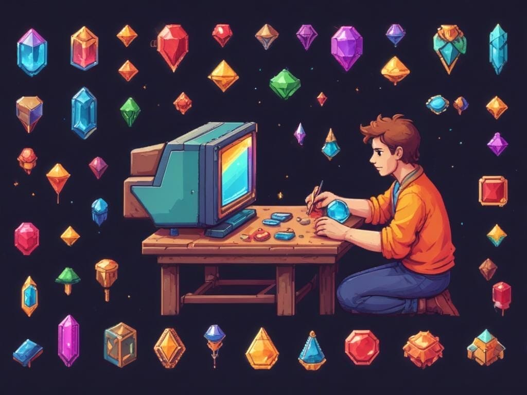 A colorful retro 8 bit pixelart style illustration of a person polishing a gem, with surrounding icons of playtesting, feedback, and iterative improvement.
