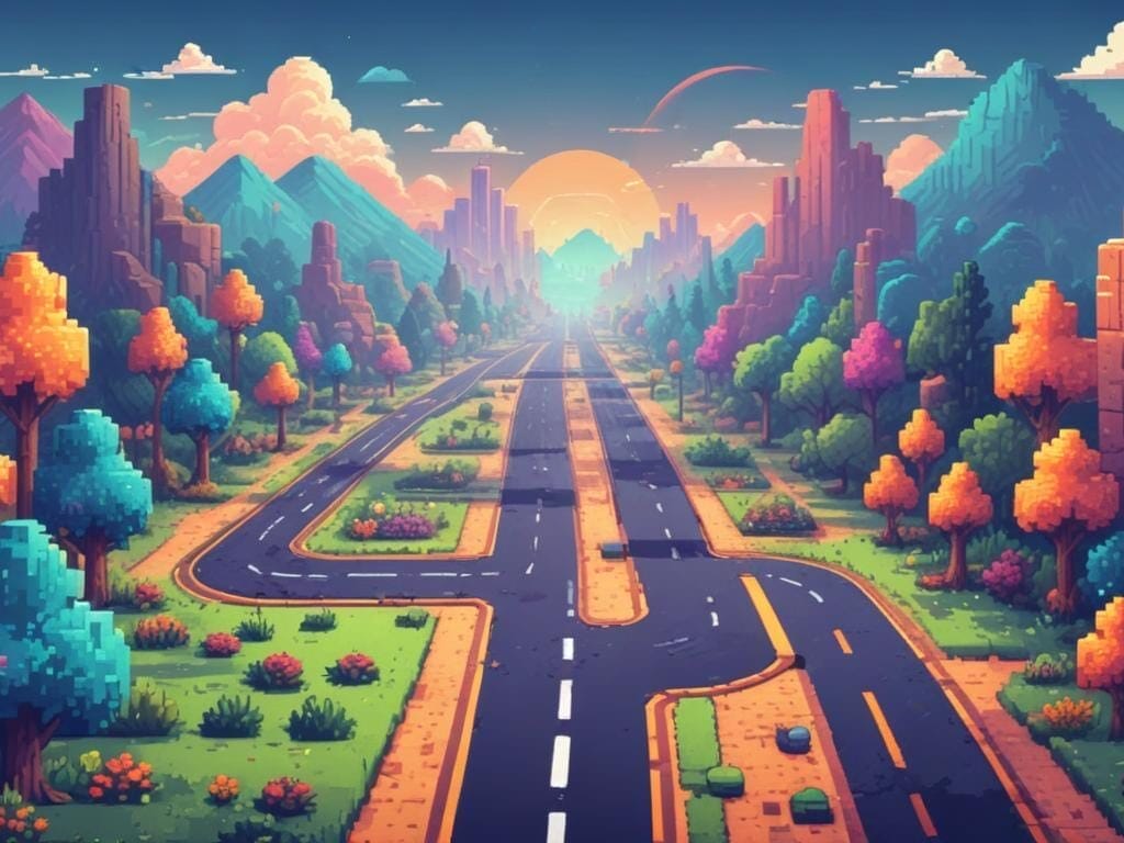 A colorful retro 8 bit pixelart style illustration of a road or path continuing into the distance, with surrounding icons of updates, discounts, and ongoing community engagement.