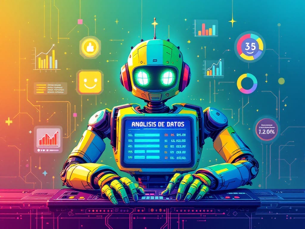 A colorful retro 8 bit pixelart style illustration of a robot analyzing data on a screen, with surrounding icons of sales spikes, player reviews, engagement metrics, and tags.