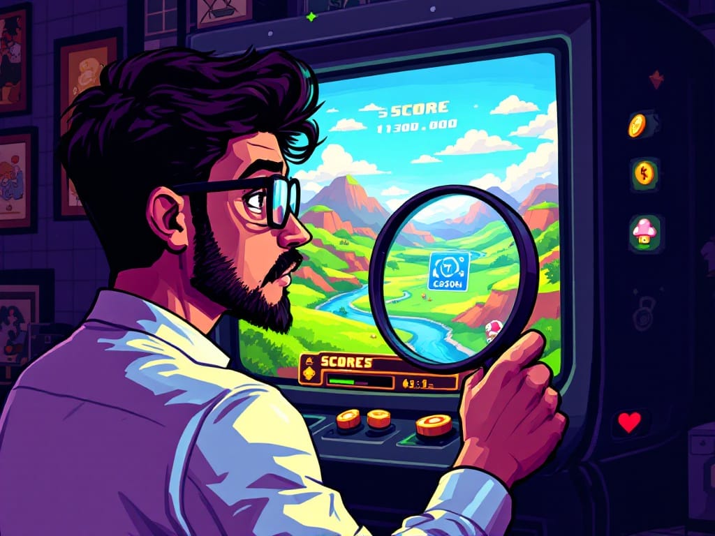 A colorful retro 8 bit pixelart style illustration of a person with a magnifying glass, examining a game on a screen, with surrounding icons of polished graphics, broad appeal, and localization.