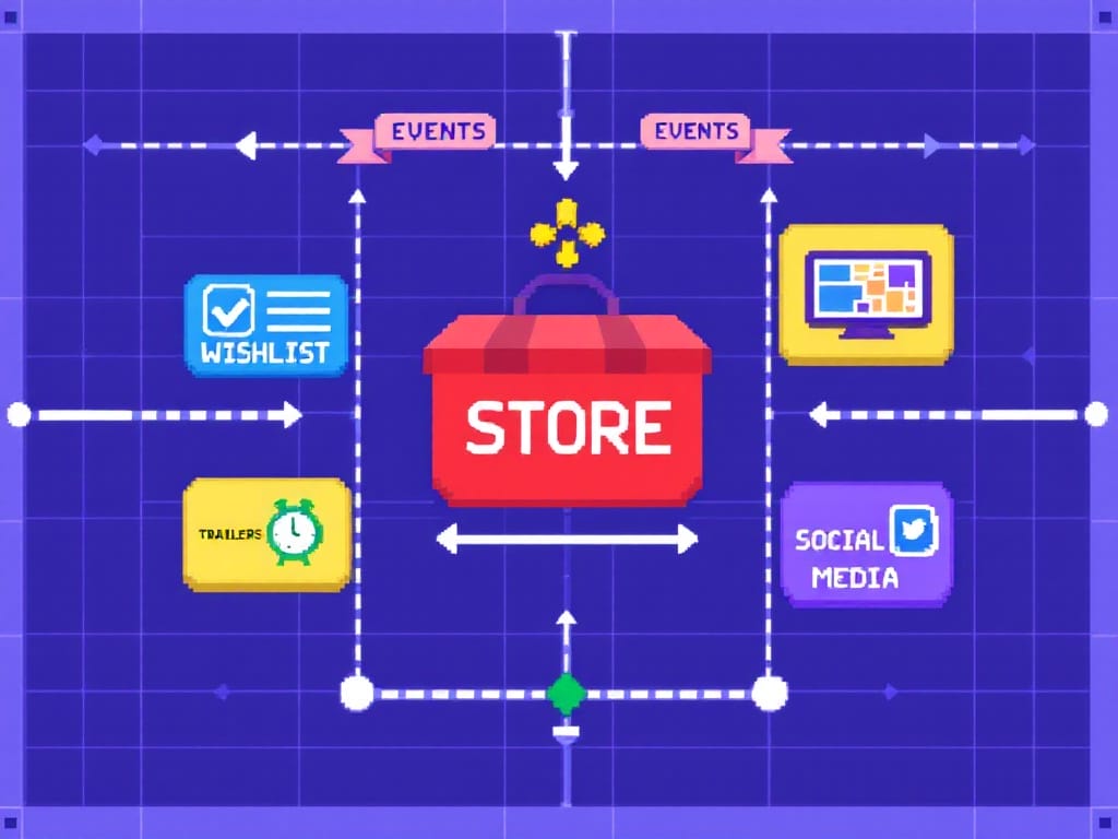 A colorful retro 8 bit pixelart style illustration of a blueprint or strategy map, with icons of a store page, wishlists, events, trailers, and social media engagement