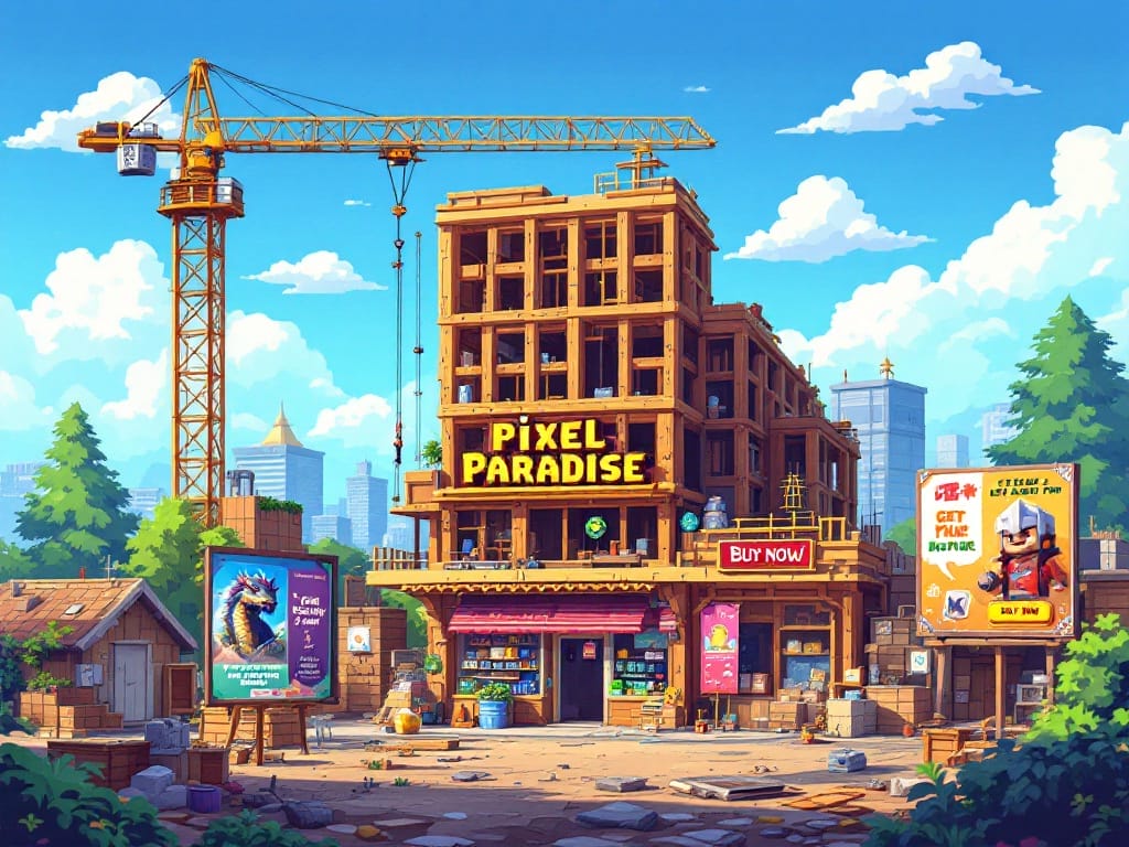 A colorful retro 8 bit pixelart style illustration of a construction site with a game store page being built, surrounded by icons of high-quality art, accurate tags, and compelling descriptions
