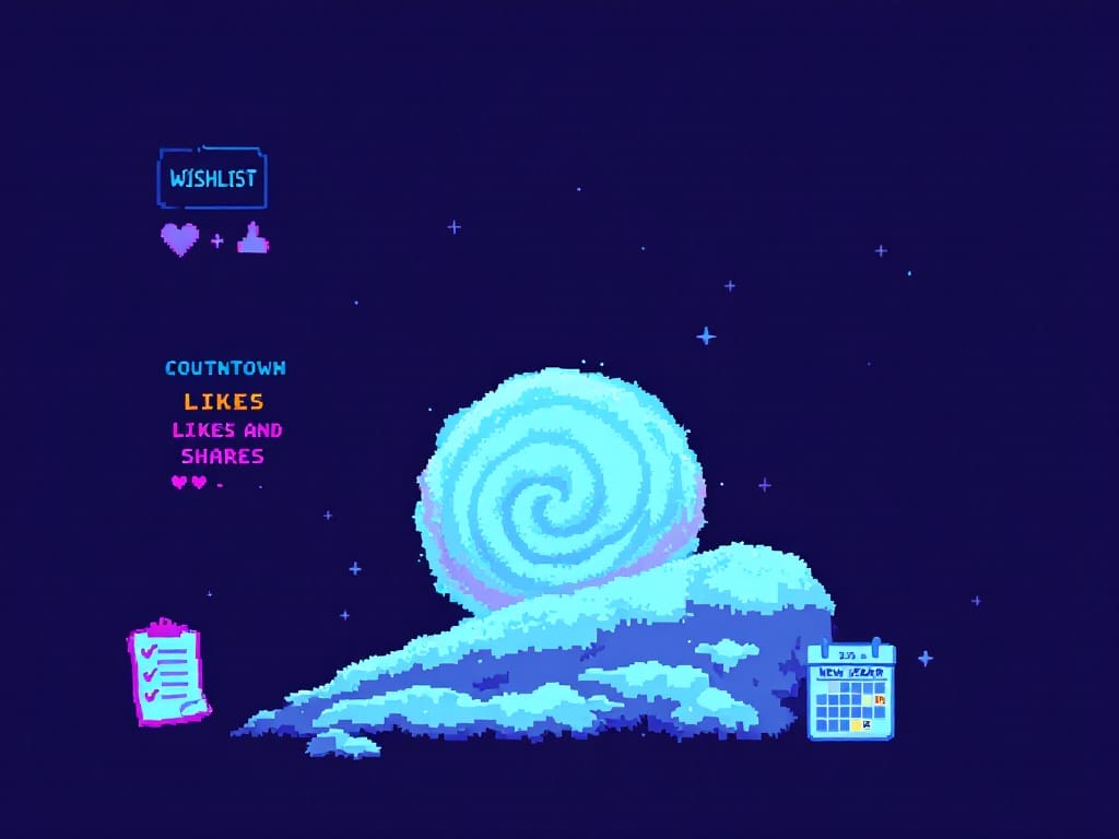 A colorful retro 8 bit pixelart style illustration of a large engine or machine, labeled 'Wishlist Engine,' with surrounding icons of wishlists, email notifications, and launch day sales spikes.
