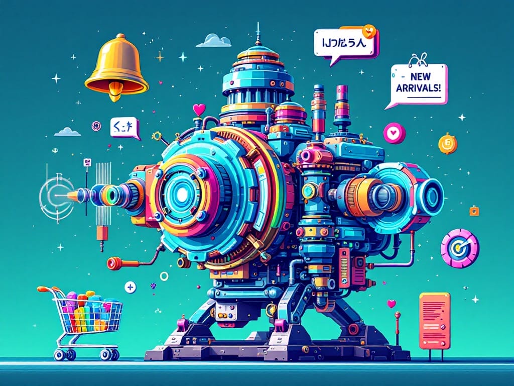 A colorful retro 8 bit pixelart style illustration of a snowball rolling down a hill, growing larger, with surrounding icons of wishlists, social media engagement, and a calendar countdown.
