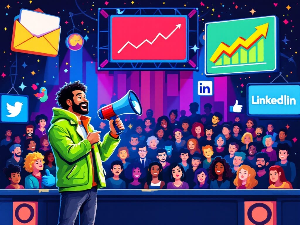 A colorful retro 8 bit pixelart style illustration of a person with a megaphone, speaking to a crowd, with surrounding icons of social media platforms, community engagement, and follower growth.