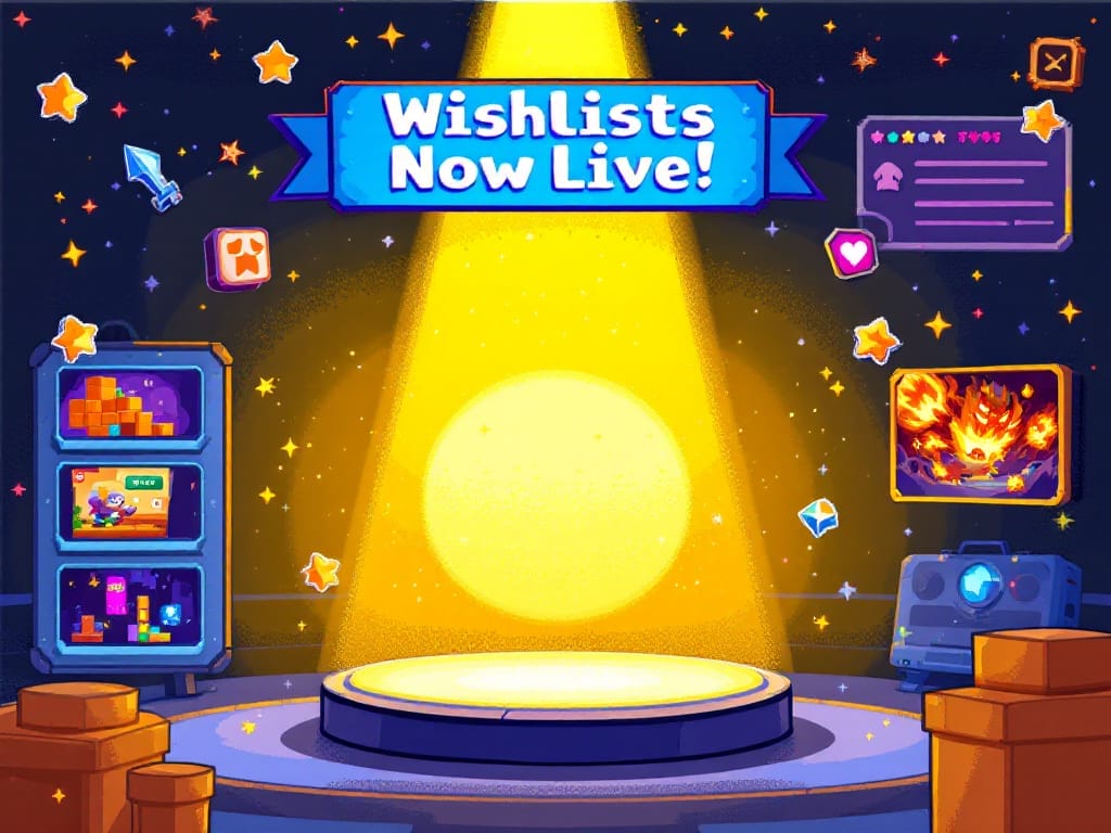 A colorful retro 8 bit pixelart style illustration of a spotlight on a game trailer, with surrounding icons of gameplay footage, mood setting, and a call to action for wishlists.
