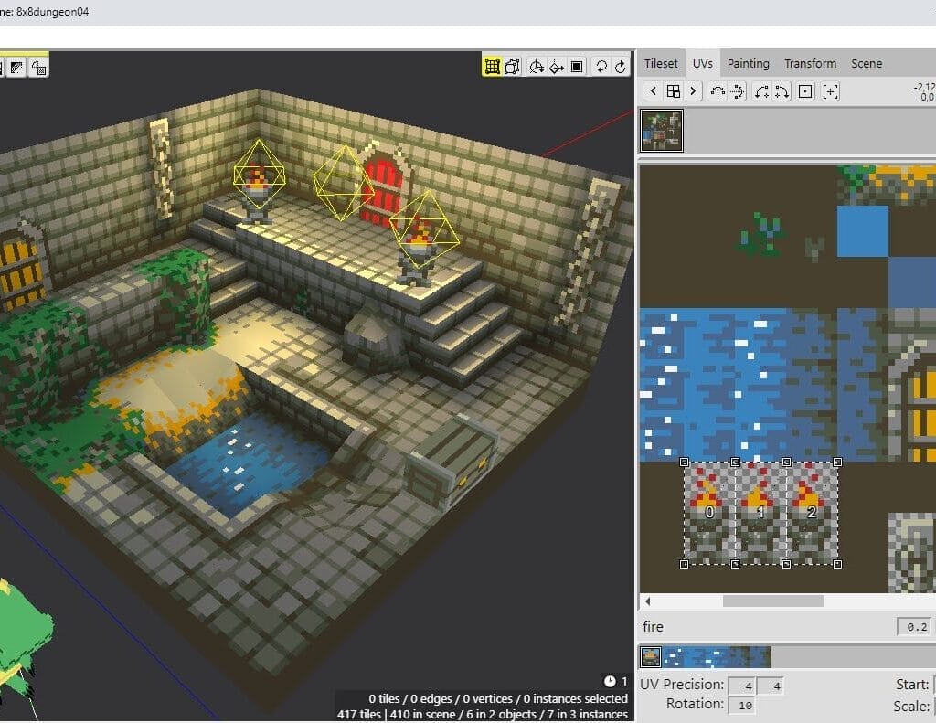 Crocotile 3D: The Ultimate Guide to Tile-Based 3D Modeling A voxel dungeon scene is shown in a 3D editor, with stairs, a pool, and doors. The right panel displays tiles and textures used for editing the scene, highlighting tile-based 3D modeling ideal for retro game development in Crocotile 3D.