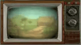 Retro Effect Tutorial with Unity Shader Graph:A vintage television set with a retro effect displays a blurry, colorful outdoor scene with green hills, trees, and a house.