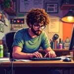 An indie game developer with curly hair and glasses types on a keyboard at a cluttered desk, surrounded by papers, drinks, plants, books, and office equipment in a warmly lit workspace.