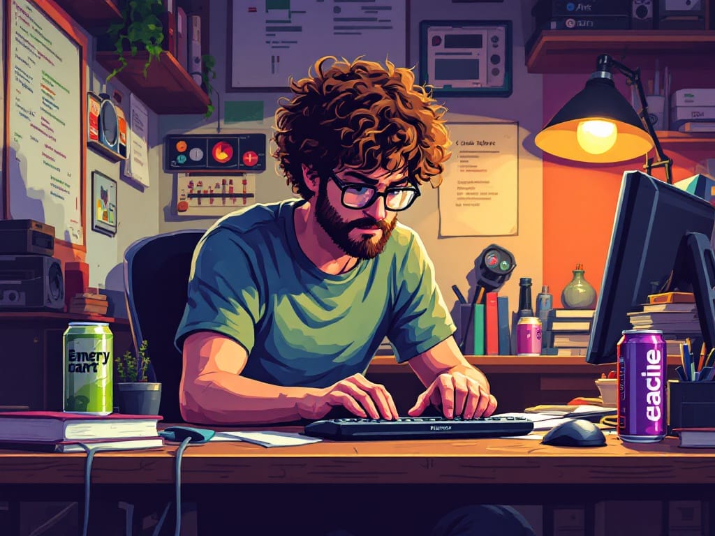 An indie game developer with curly hair and glasses types on a keyboard at a cluttered desk, surrounded by papers, drinks, plants, books, and office equipment in a warmly lit workspace.