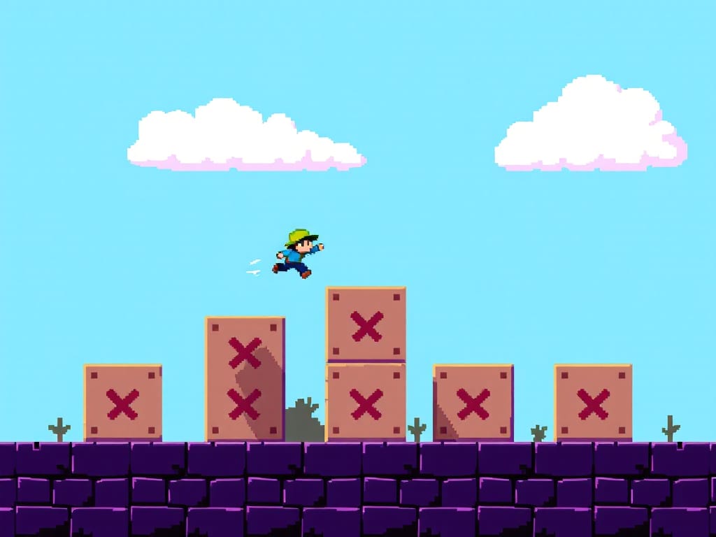 Pixel art scene of a character in a green hat jumping over stacked boxes with red X's, set on a purple stone platform under a blue sky with clouds—a perfect inspiration for aspiring game creators and indie game development enthusiasts.