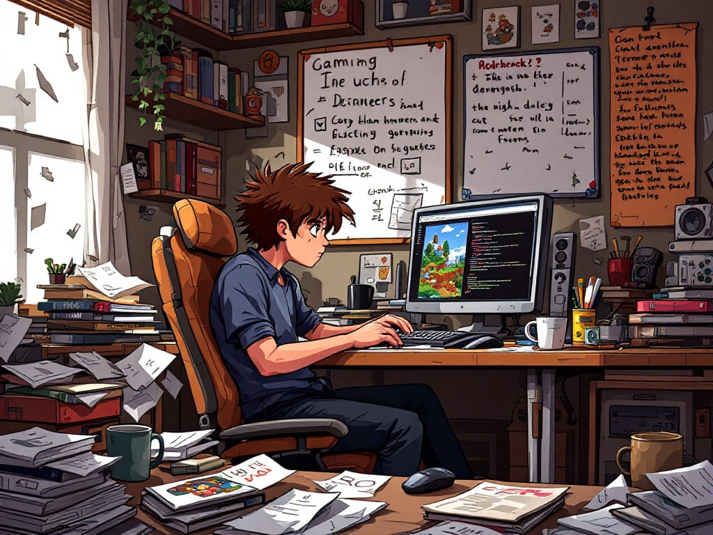 An aspiring creator sits at a cluttered desk in a messy room, working on game development with coding and gaming notes on nearby whiteboards and scattered papers.