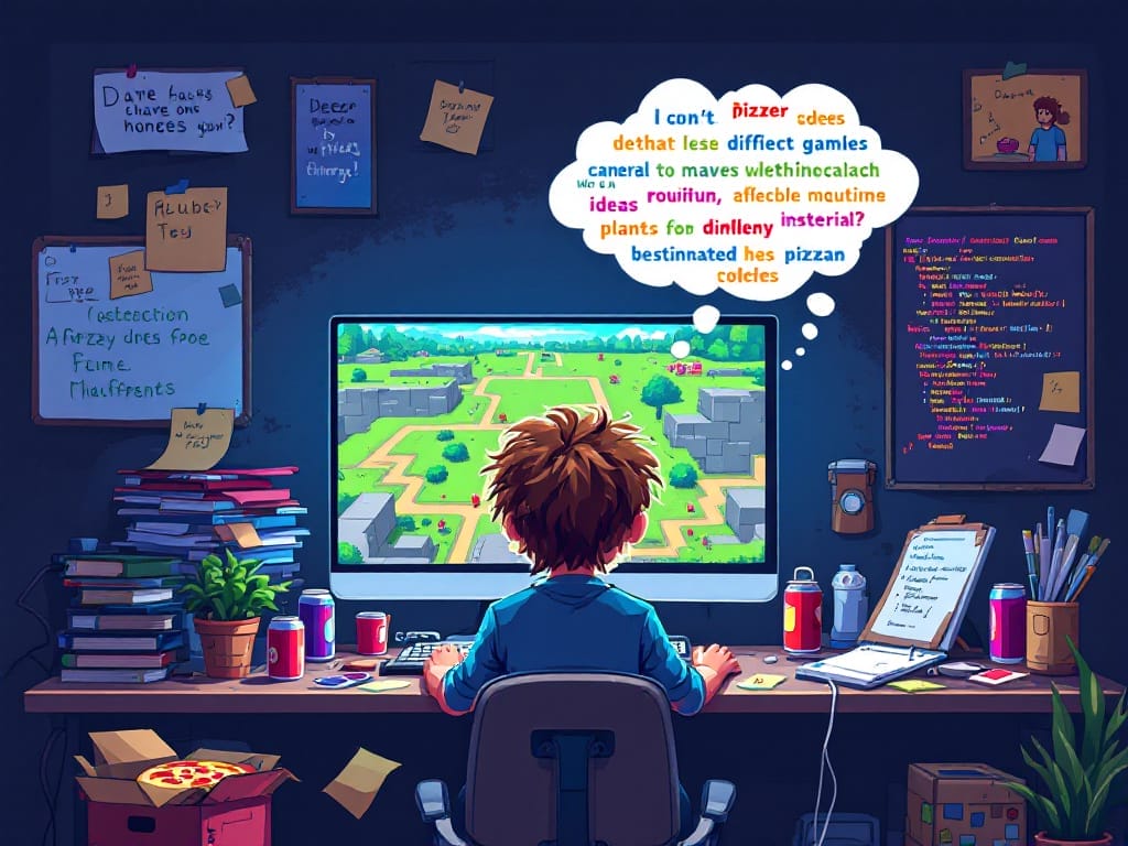 An 8-bit pixel art image of a developer engaging with a community, receiving feedback, and iterating on their game.
