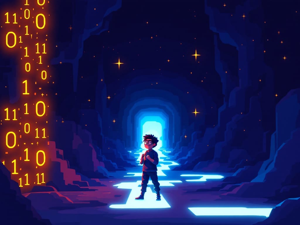  An 8-bit pixel art image of a developer forging their unique path, with visual elements representing personal expression and creativity.
