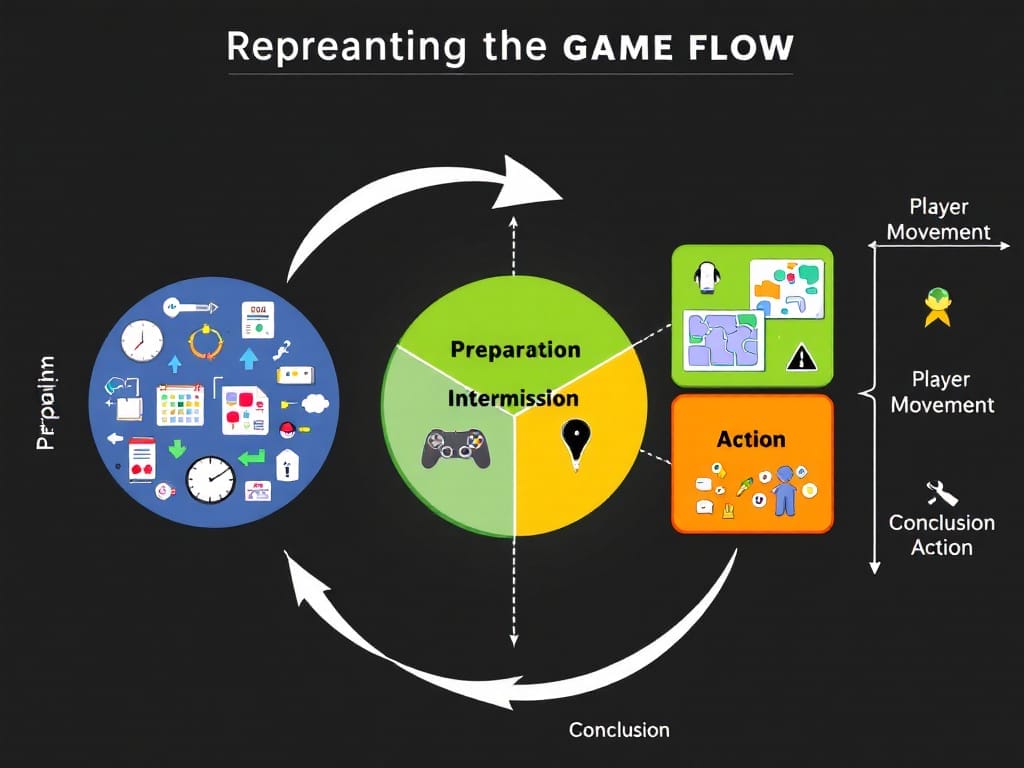 How To Design A Videogame in 2025A diagram illustrating How To Design A Videogame, showing game flow with three main stages: Preparation, Intermission, and Action, connected by arrows indicating player movement and conclusion.