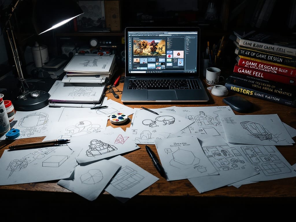 How To Design A Videogame in 2025 A cluttered desk with sketch papers, pens, paints, and a laptop displaying digital artwork is surrounded by game design books, including a guide on How To Design A Videogame.