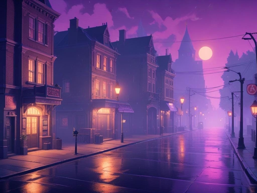 Crocotile 3D: The Ultimate Guide to Tile-Based 3D Modeling A quiet, empty city street at night with wet pavement, streetlights glowing, and a full moon in a purple sky—perfect inspiration for retro game development or tile-based 3D modeling with Crocotile 3D.