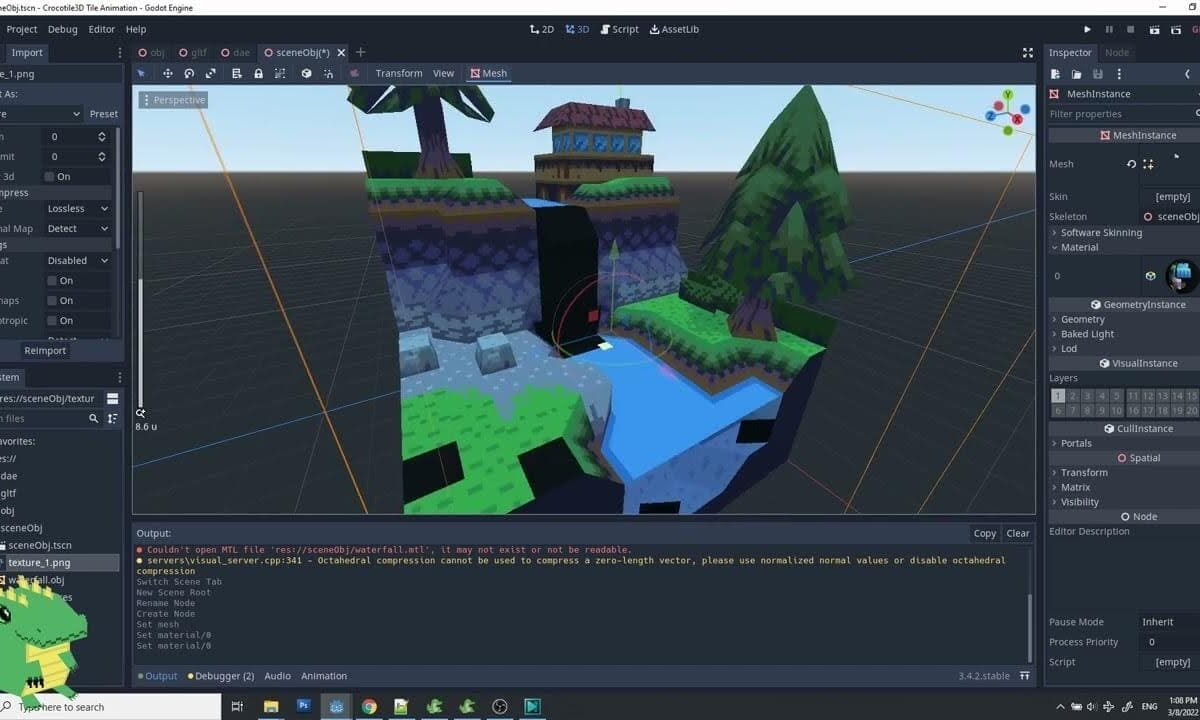 A 3D game scene with terrain, trees, and a house is displayed in the Godot Engine editor, showcasing panels and tools ideal for retro game development and tile-based 3D modeling.
