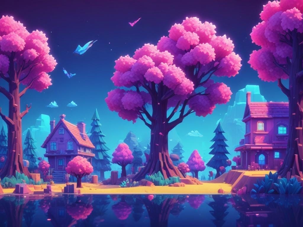 Crocotile 3D: The Ultimate Guide to Tile-Based 3D Modeling Two pink-blossomed trees stand by a calm lake, with two houses and pine trees in the background under a starry night sky with flying birds—a scene perfect for retro game development or tile-based 3D modeling in Crocotile 3D.