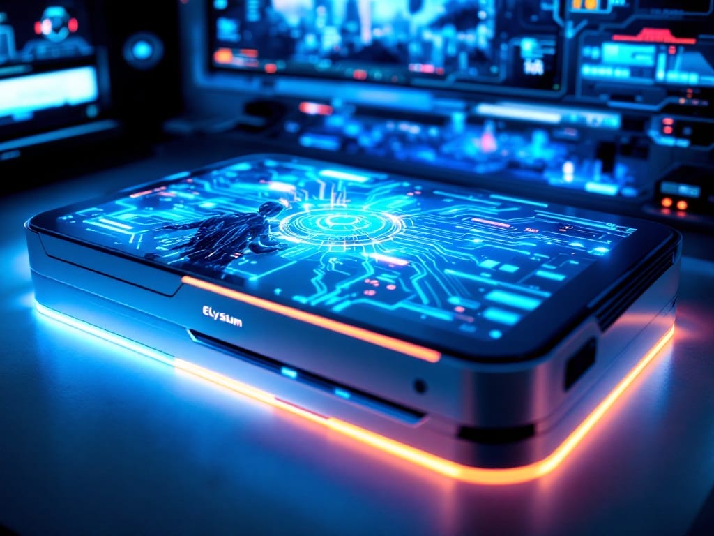 Mistake #2: Focusing on graphics over gameplay. A futuristic computer device with glowing orange and blue lights sits on a desk, displaying a digital circuit pattern—reminding game developers: don't make these top 4 mistakes in high-tech environments.
