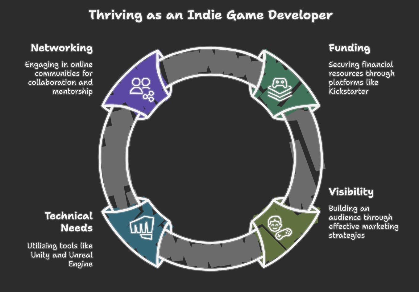 Survival Guide for indie game developers: Infographic titled "Thriving as an Indie Game Developer" showing a cycle with segments: Networking, Funding, Visibility, and Technical Needs, each with a brief description and icon.