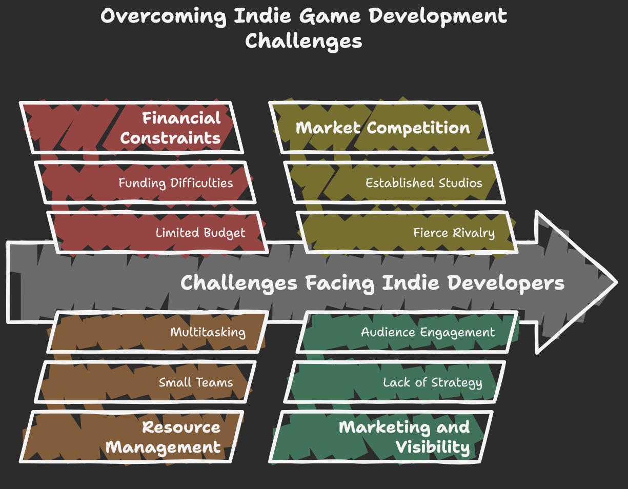 Survival Guide for indie game developers: Flowchart illustrating challenges in the indie game developers' survival guide: financial constraints, competitive indie games market pressures, resource management, audience engagement, and marketing visibility.