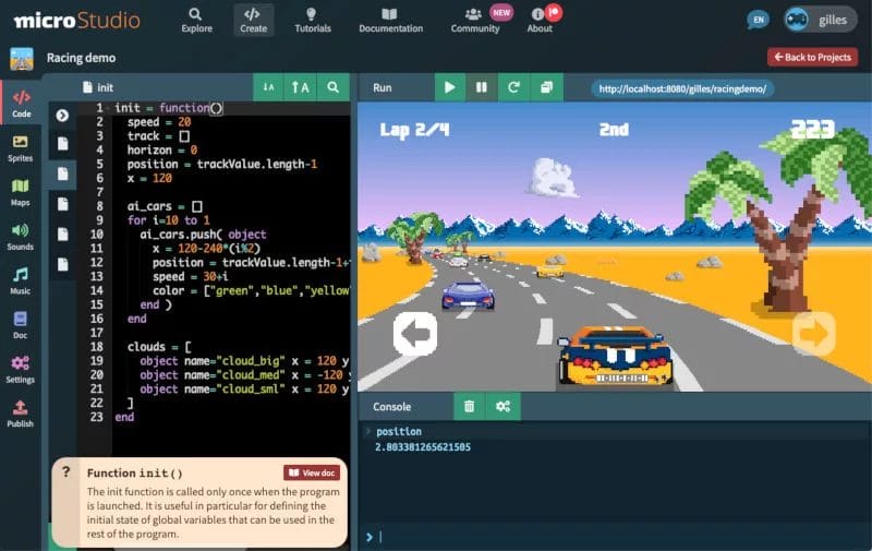 How to make a game - Microstudio Screenshot of microStudio interface showing how to make a game, with code for a racing game on the left and the game's pixel art racing scene with cars on a desert road on the right.